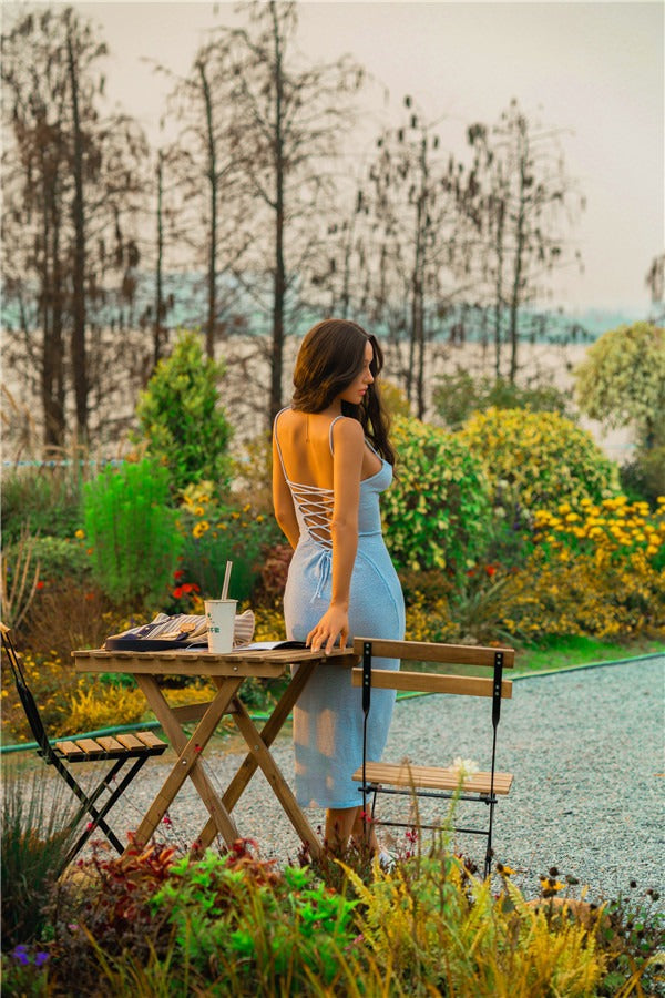Keanu - shinny blue long-legged Silicone sex doll with long skirt Anmodolls Zelex dolls - SILICONE